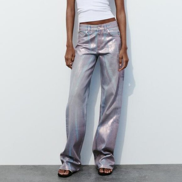 NWT PINK MID WAIST FULL LENGTH TRF FOIL JEANS - Picture 5 of 15